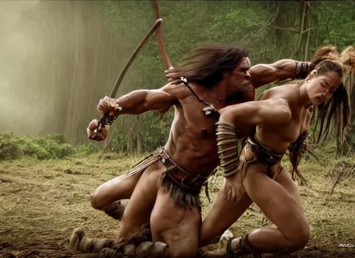 Image similar to beautiful tall muscular amazon wrestling a centaur, movie still, from the movie conan the barbarian, 8 k, realistic, action photography