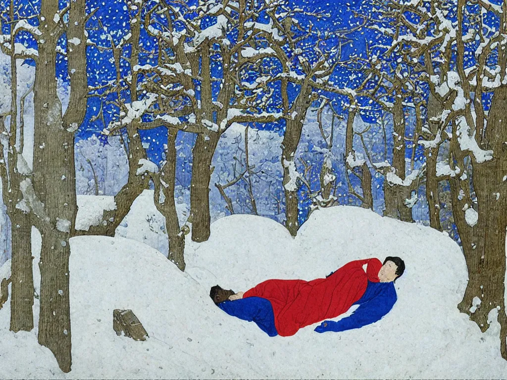 Image similar to portrait of a man sleeping in the snow. painting by limbourg brothers