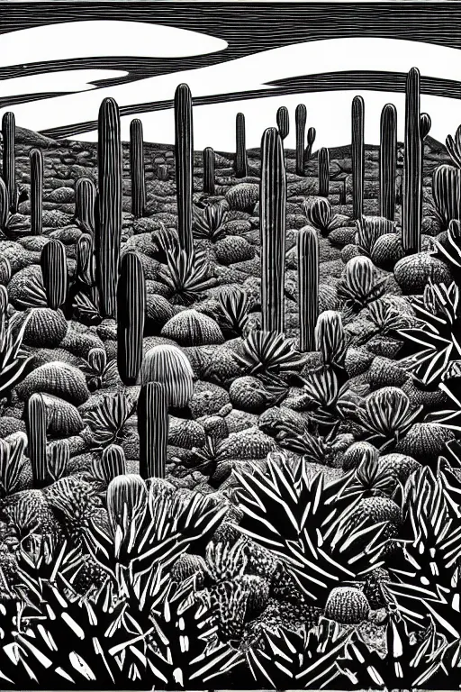 Prompt: art by brian reedy, dark green and black ink linocut print of a desert with a few cacti here and there, 8 k, frostbite 3 engine, cryengine, dof, trending on artstation, digital art, crepuscular ray