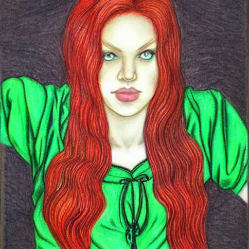 Prompt: full body detailed colored pencil drawing of a beautiful red haired sorceress with a beautiful face, wearing a green magician's robe