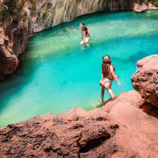 Prompt: photo of spelunkers exploring a beautiful majestic cave full of geodes, crystals, and gemstones. there is a natural pool of turquoise water. professional journalistic photography from national geofraphic.