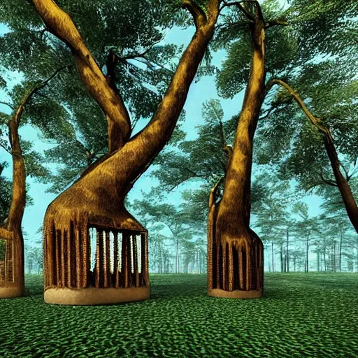 Image similar to trees transforming to tanks, surreal, high detail