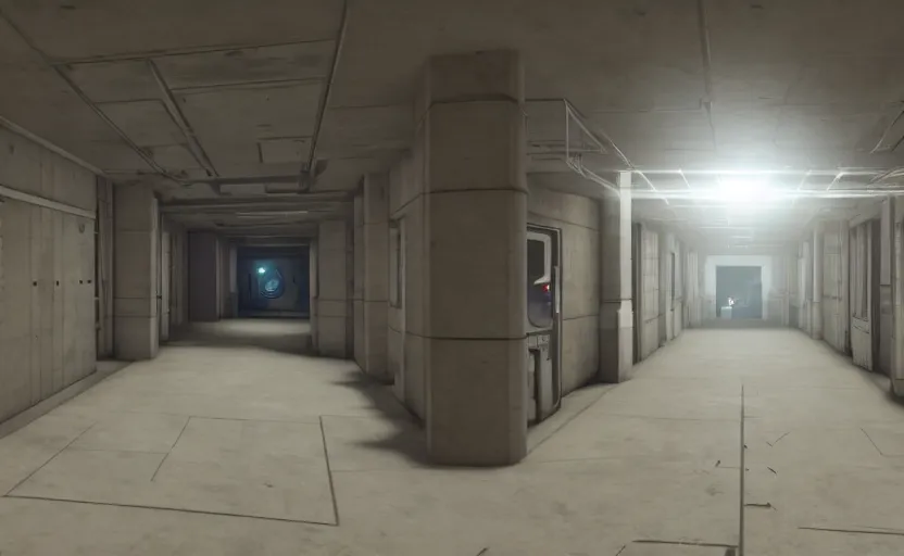 Prompt: in - game screenshot of a first person shooter on unreal engine 5, narrow modern hallways of a secret government facility, white dry wall, photorealistic, retrofuturism