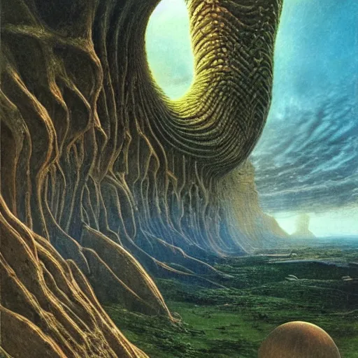 Image similar to The world is labyrinthine beyond possibility of imagining, inhabited on many levels by alien intelligence, infinite in extent, staggering in its beauty, terrifying in its weirdness, endlessly satisfying and peculiar, by John Constable and Ralph McQuarrie and Bruce Pennington