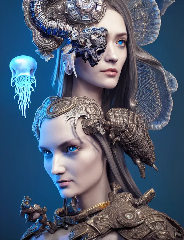 Prompt: 3 d goddess close - up profile portrait russian batman with ram skull. beautiful intricately detailed mask and weapon. betta fish, jellyfish phoenix, bio luminescent, plasma, ice, water, wind, creature, artwork by tooth wu and wlop and beeple and greg rutkowski