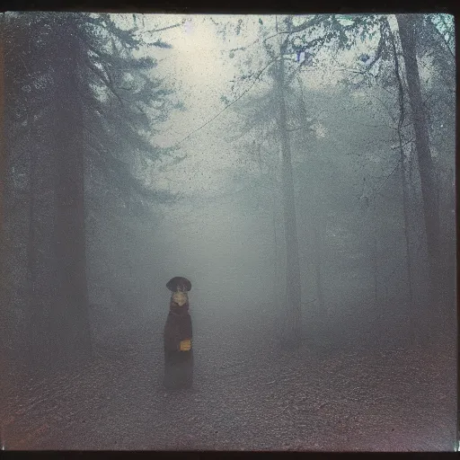 Image similar to the yellow dog man, creepypasta, old colored polaroid, 1 9 2 0's, liminal, foggy forest