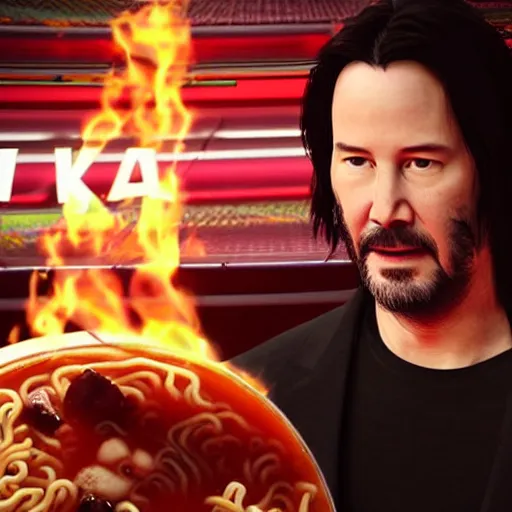 Prompt: keanu reeves in space eat ramen, full hd, octane render, unreal engine 5, ultra realistic