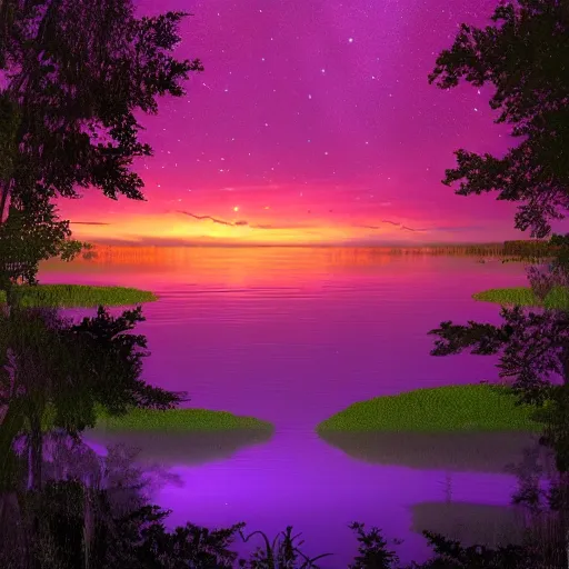 Prompt: Purple haze over a lake at night. Award-winning digital art, trending on ArtStation