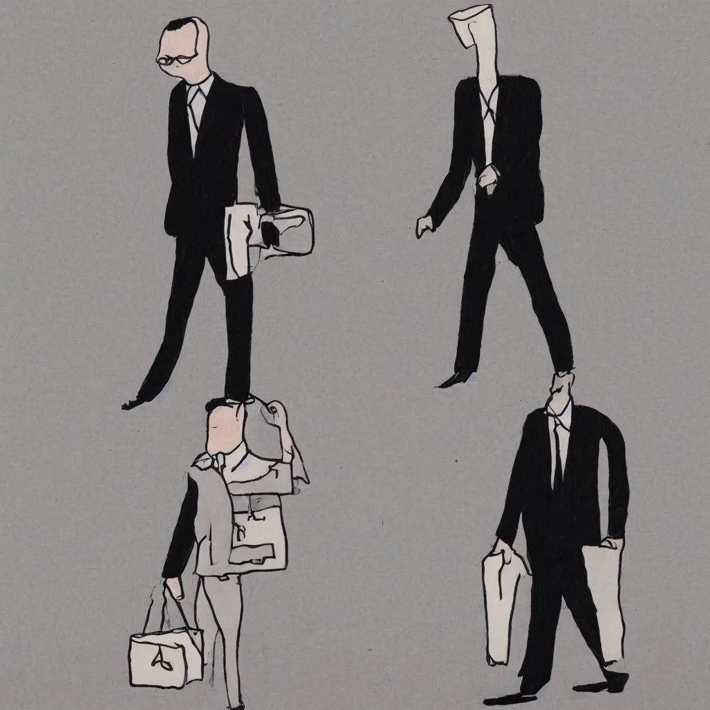 Prompt: Man in a business suit with a bag covering his head, by David Shrigley