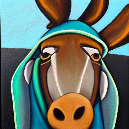 Prompt: donkey wearing a hoodie using a laptop in a dark room, oil on canvas