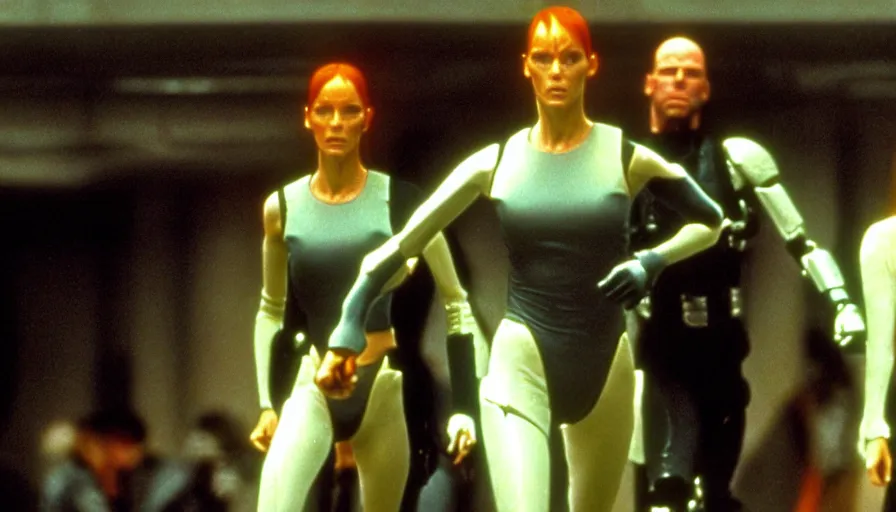 Image similar to The matrix, LeeLoo, Starship Troopers, Clarice Starling, 1960'Olympics footage, hurdlers in a race with robotic legs, intense moment, cinematic stillframe, shot by Roger Deakins, The fifth element, vintage robotics, formula 1, starring Geena Davis, clean lighting