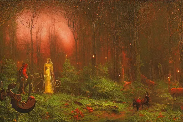 Image similar to the scarlet witch awaits her pursuers, victorian hunters, night time, deep forest, highly detailed, focus, mist nizovtsev, victor