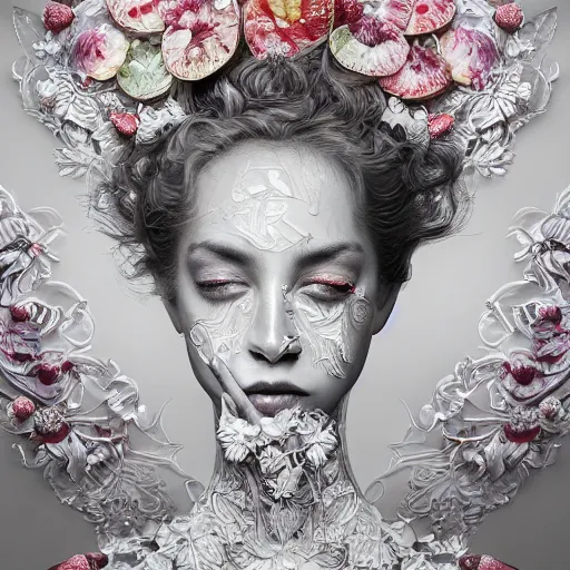 Image similar to the portrait of an absurdly beautiful, graceful, elegant, sophisticated, fashionable young woman made of strawberries and white petals crying, an ultrafine hyperdetailed illustration by kim jung gi, irakli nadar, intricate linework, bright colors, octopath traveler, final fantasy, unreal engine 5 highly rendered, global illumination, radiant light, detailed and intricate environment