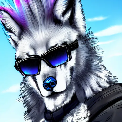 Prompt: White Wolf, blue mohawk hairstyle, aviator sunglasses, synthwave style, portrait, artstation, detailed, award winning, furry, award winning,