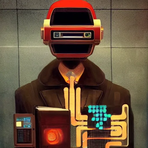 Image similar to a man with a vintage computer monitor for a head award winning cyber punk art, uncanny valley, detailed face, sci - fi book cover, retro futuristic,