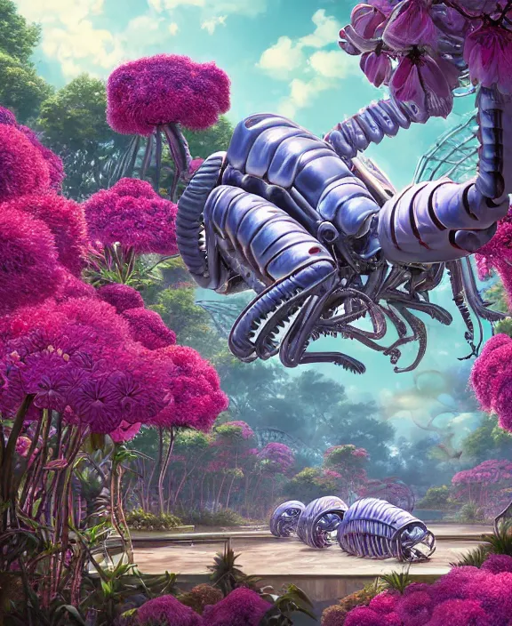 Image similar to an amusement park made out of alien isopod dragonflies, in the style of an seamless robot, overgrown with puffy orchids, partly cloudy, somber, dramatic lighting, by dan mumford, yusuke murata, makoto shinkai, ross tran, cinematic, unreal engine, cel shaded, featured on artstation, pixiv