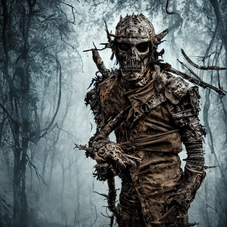 Image similar to undead armoured man in burned forest full of smoke, fantasy style, highly detailed, smooth, sharp focus, character portrait, portrait, concept art, intricate details, medieval poster, dark athmosphere, 8 k. lifelike. nikon d 8 5 0