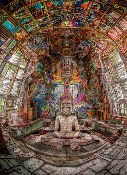 Image similar to breathtakingly beautiful ultrawide angle colour masterpiece weird dream, low angle view from inside a buddhist temple, figure meditating close shot, strange beautiful derelict temple, incredible sense of depth and perspective and clarity, arch, symmetry symmetrical, h. r. giger and alex grey and hiroshi yoshida and moebius and studio ghibli, 8 k