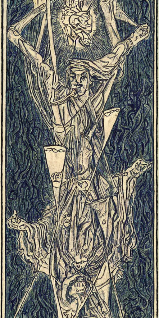 Prompt: the 5 of cups tarot card by Austin osman spare