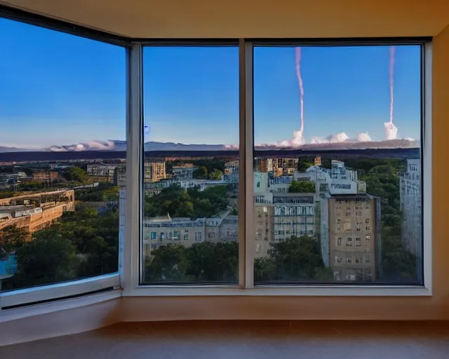 Image similar to an luxury apartment window view of a nuclear explosion