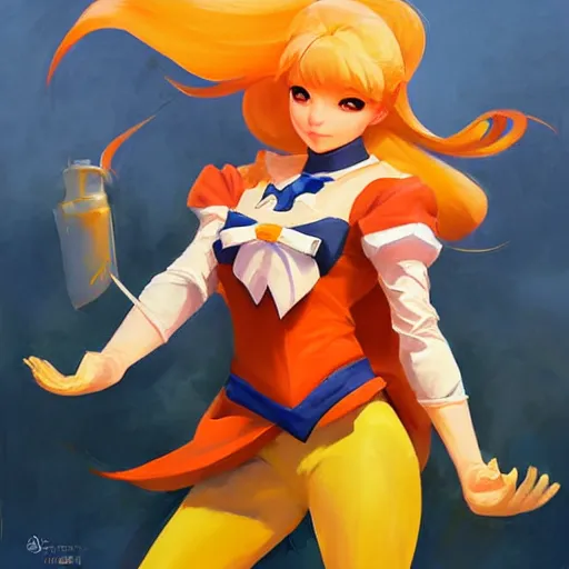 Image similar to greg manchess portrait painting of sailor venus as overwatch character, medium shot, asymmetrical, profile picture, organic painting, sunny day, matte painting, bold shapes, hard edges, street art, trending on artstation, by huang guangjian and gil elvgren and sachin teng