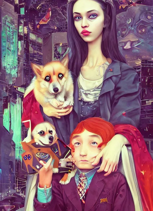 Prompt: beautiful portrait painting of a cute Christian lofi cyberpunk princess and her corgi assassin king, by Afarin Sajedi, Alessandro Barbucci, Alex Gross, Shin Jeongho, Shohei Otomo. trending on Artstation, 8k, masterpiece, face enhance, graffiti paint, fine detail, full of color, intricate detail, golden ratio illustration