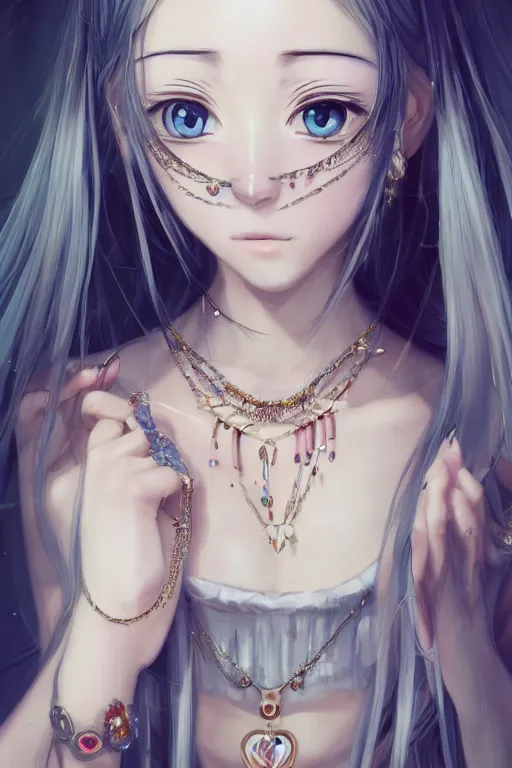Prompt: beautiful very detailed portrait of anime girl with lots of jewelry in the face, full body, in the background there is a minimalistic palace, digital art , dramatic cinematic lighting rendered by octane, 8k, detailed, intricate, clean and textures, trending on artstation, treanding on deviantart, trending on cgsociety, pinterest, by Lauren Brevner + FRANS SMIT
