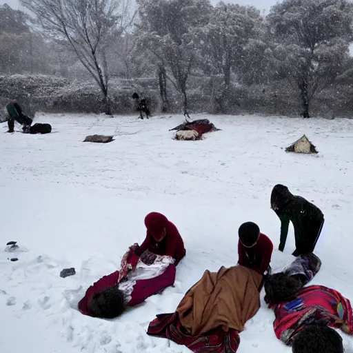 Prompt: Several bodies of dead villagers in the middle of a village in the snow