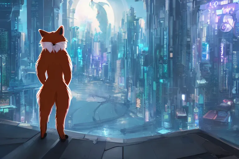 Image similar to an anthropomorphic fox with a fluffy tail staring over a futuristic city from the top of a roof, comic art, trending on furaffinity, cyberpunk, backlighting, cartoon