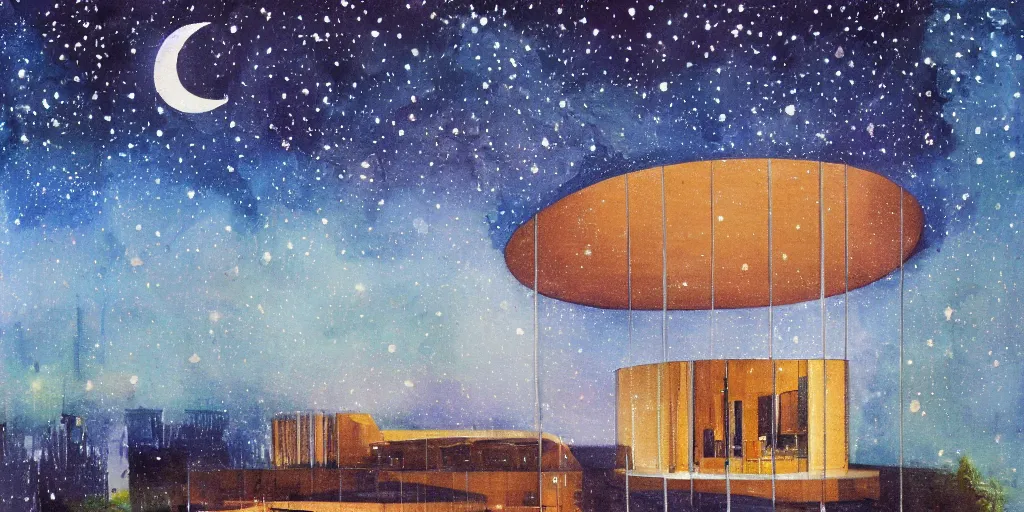 Image similar to stary night painting, norman foster tower, house, city