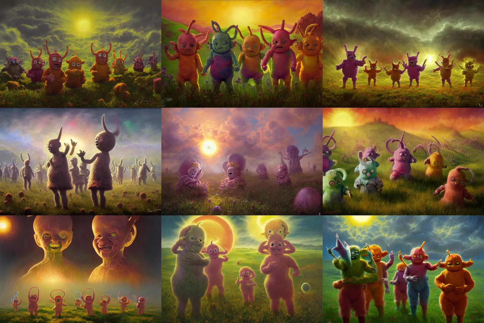 Prompt: highly detailed elden ring portrait photo of multicolored teletubbies with geometrically shaped antennas on their heads tormenting the souls of the damned in a hilly meadow in hell, a smiling face depicted as the sun on the horizon, hyperrealistic illustration by william didier pouget and tomasz alen kopera