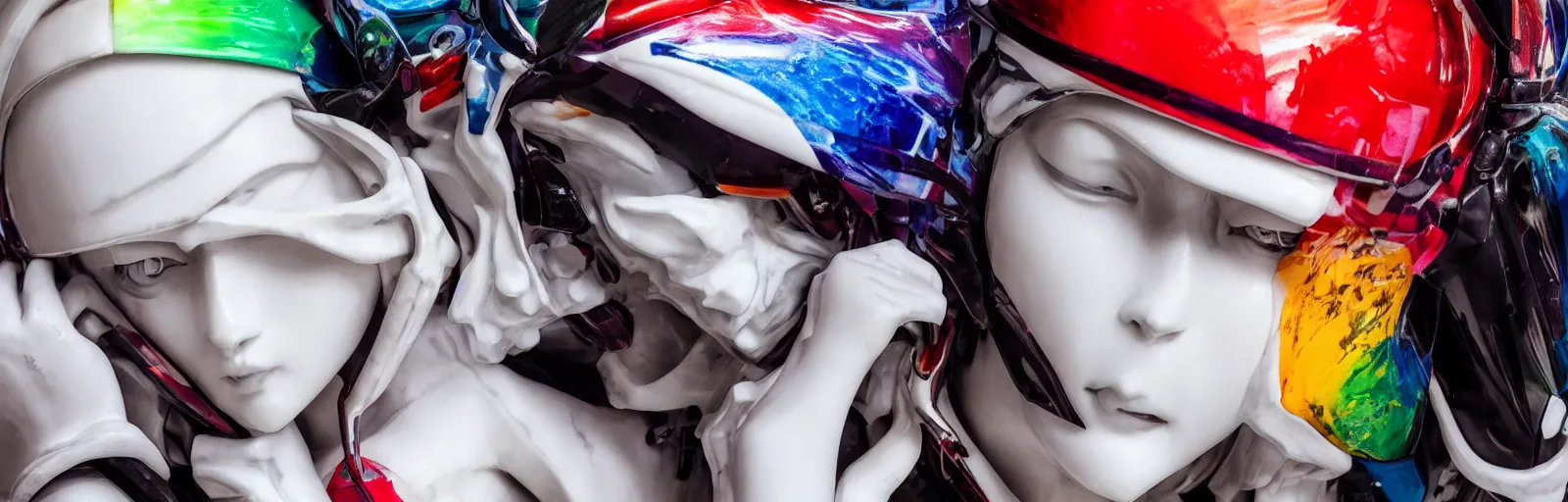 Image similar to beautifully lit extreme close up photo of a white marble statue of an anime girl with colorful motocross logos and motorcycle helmet with closed visor, colorful smoke in the background, carved marble statue, fine art, neon genesis evangelion, virgil abloh, offwhite, denoise, highly detailed, 8 k, hyperreal