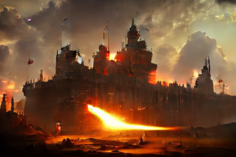 Image similar to baroque oil painting of anime key visual environment concept art of anime rail canon artillery firing over castle walls, smoke debris, grimdark steampunk fantasy, battlefield, trending on artstation, brush strokes, oil on canvas, style of makoto shinkai and greg rutkowski and studio ghibli