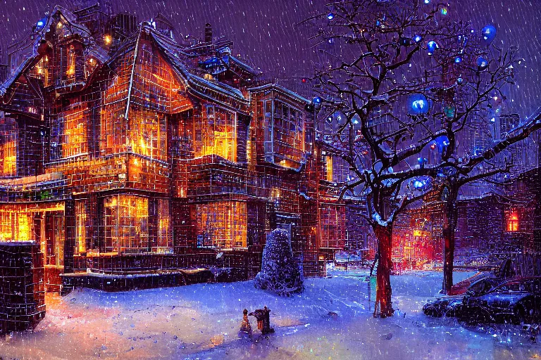 Prompt: cyberpunk, winter in the snow, Christmas lights, external view of a 5 bedroom detached cyberpunk house in the UK, by Paul Lehr