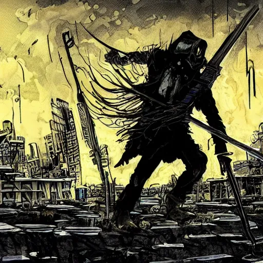 Prompt: a death with a scythe in a post-apocalyptic city ,in the style of Bernie Wrightson