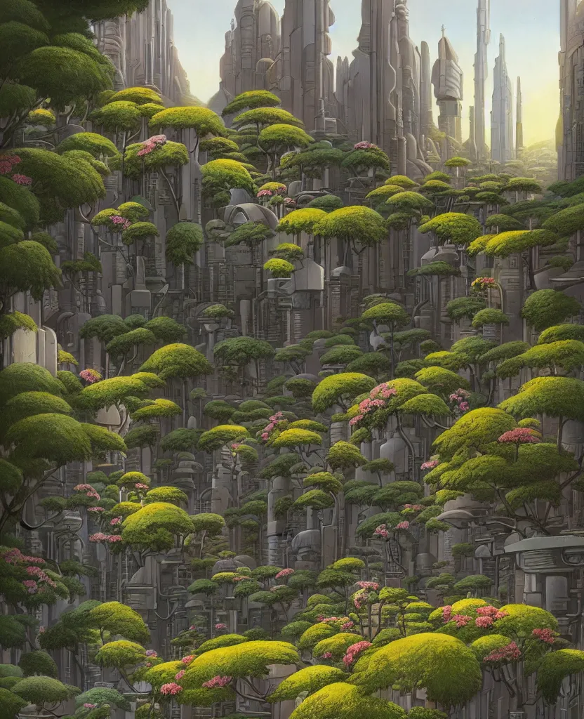 Image similar to reclaimed by nature by ralph mcquarrie inspired cityscape, highly detailed, flowers