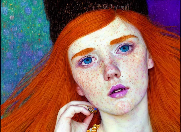 Prompt: portrait Girl with orange hair and freckles, green eyes, fine face pretty face, purple background, fine details, by Ilya Kuvshinov and Gustav Klimt