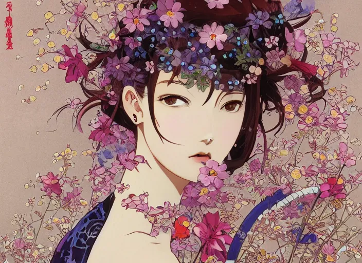 Prompt: oil painting, long shot, beautiful floralpunk japanese bio mechanical female illustration detailed patterns art of japan traditional dress, flower pop art, floral splash painting, art by ashley wood, alphonse mucha, makoto shinkai, geof darrow, dark shadow