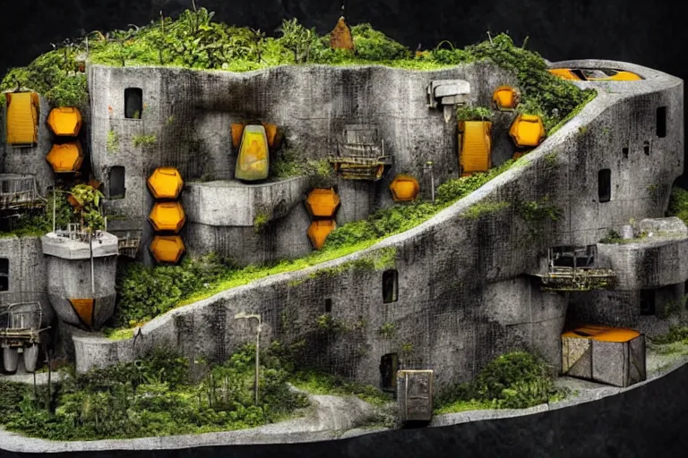 Image similar to favela bunker spaceship beeswax hive, brutalist waterfall environment, industrial factory, whimsical, award winning art, epic dreamlike fantasy landscape, ultra realistic,