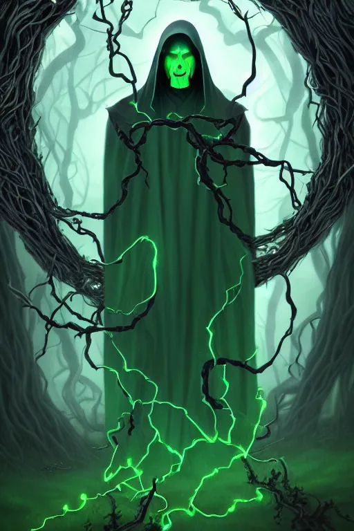 Image similar to A full body portrait of a ghost like shaman with no face, glowing eyes and a very long hooded dark green cloak of leaves and vines, forest spirits flying in the background art by Shaddy Safadi and Jason Chan, ominous, cosmic horror, trending on artstation, Ultra detailed, hyper realistic 4k