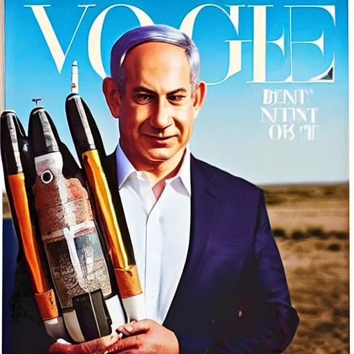 Image similar to a portrait of Benjamin Netanyahu holding a rocket, Vogue magazine, highly detailed