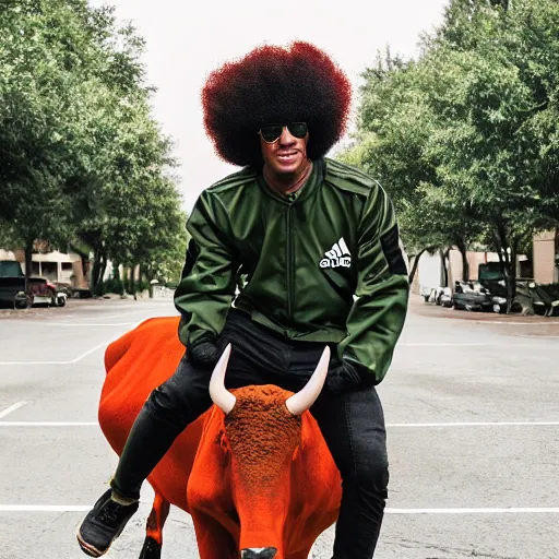 Image similar to photograph of a black man with afro hair wearing an army green adidas jacket riding! an orange colored bull!