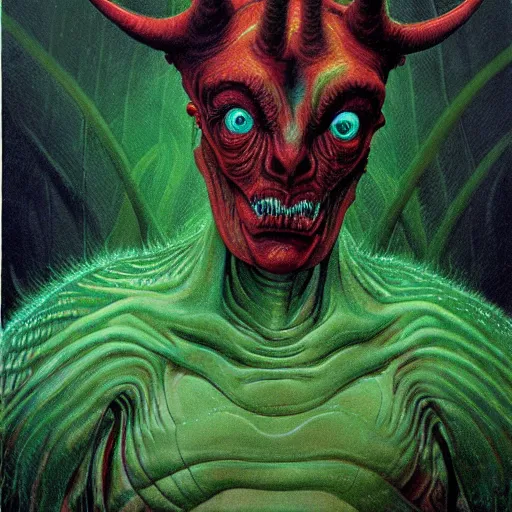 Image similar to realistic alien medium shot portrait with horns, green. red eyes, human eyes, background flames, by wayne barlowe