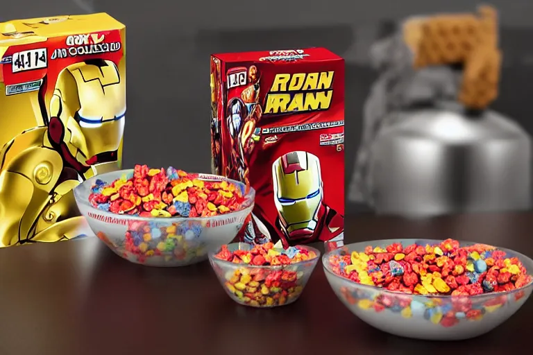 Image similar to mid product still of Ironman cereal with a box and a bowl of glowing reactor core o’s, 4k, red and gold