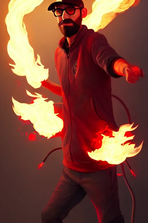 Prompt: character art by ruan jia, young ducktail bearded middle eastern american male wearing wayfarer glasses and red baseball hat, on fire, fire powers, room filled with wiring and electronics