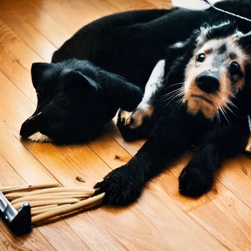 Image similar to Photo of my stupid niece laying in the kitchen floor playing with a string on her hoodie, next to a black dog, HDR, 4k, 8k, photo, early 2000s