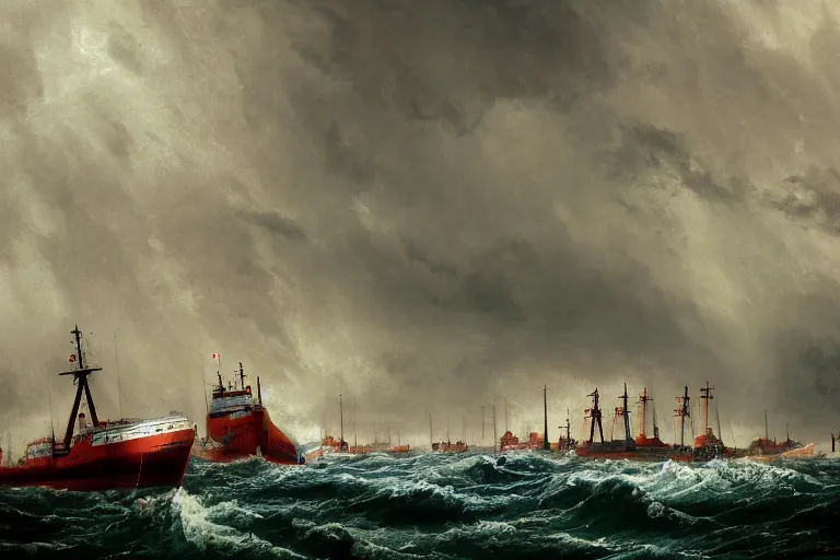 Image similar to merchant ship fleet in a storm, in the style of vernon grant and chris van allsburg, raging stormy sea, trending on artstation, bright tilt - shift camcorder effect, photoshop, retrowave, hyperrealism, octane, sharp focus, masterpiece