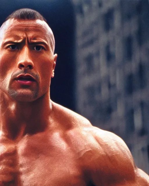 Image similar to Film still close-up shot of Dwayne Johnson as Rocky Balboa from the movie Rocky. Photographic, photography