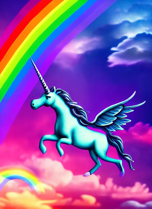 Image similar to intricate unicorn with wings, rainbow, on the background of a weird magical sky with clouds. Very detailed 8k. Fantasy. Sharp. Cinematic post-processing