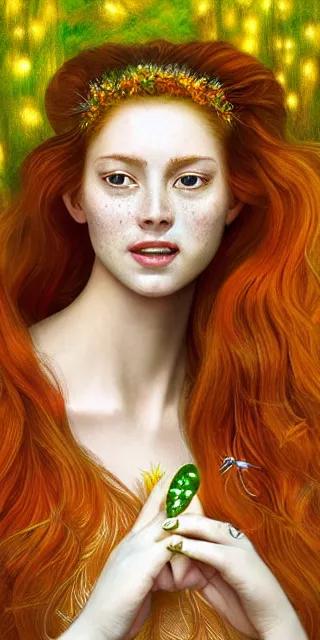 Prompt: lovely woman, serene smile surrounded by golden firefly lights, amidst nature fully covered by a intricate detailed dress, long red hair, precise linework, accurate green eyes, small nose with freckles, smooth oval shape face, empathic, expressive emotions, dramatic lights spiritual scene, hyper realistic ultrafine art by artemisia gentileschi, jessica rossier, boris vallejo